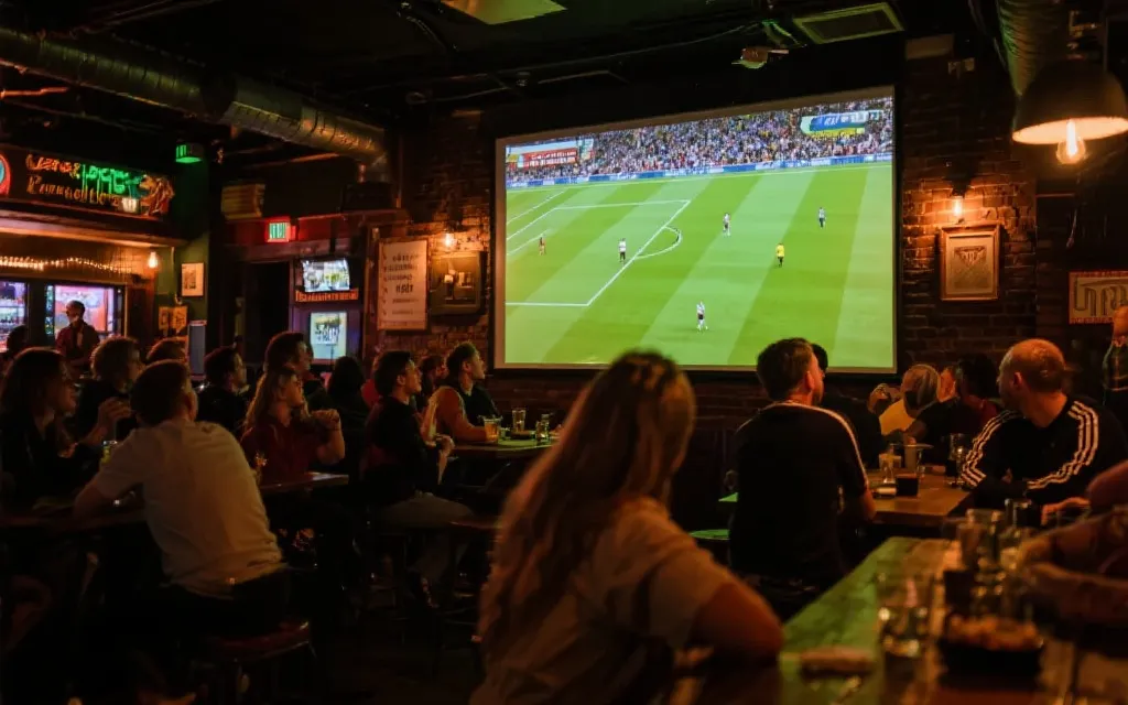 夜晚球迷酒吧内的观赛人群与电视屏幕，热烈但温暖的氛围