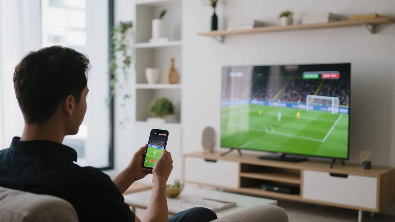 手机与电视投屏观看足球比赛的现代家庭场景